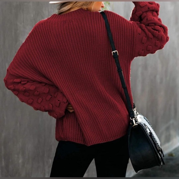 Oversized Crewneck Long Puff Sleeve Chunky Knit Pullover Sweater - Picture 3 of 6